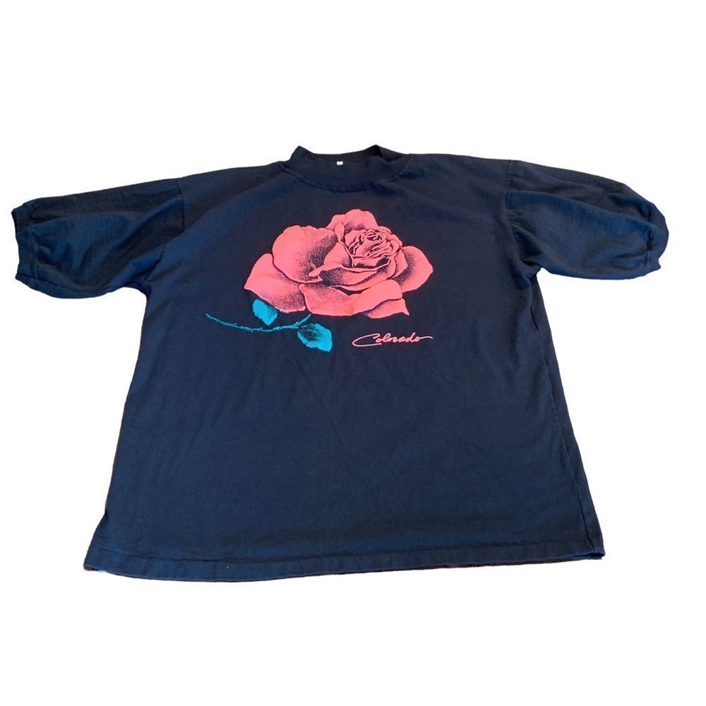 Colorado Rose Textured Graphic Black Mock Neck Short Sleeve Tee XL